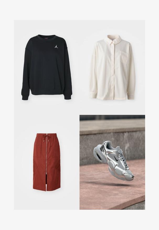Zwarte sweatshirt van katoen, met een ronde hals, lange mouwen, ribbelboorden en -zoom, met een wit Jumpman-logo op de borst.; Witte overhemd met kraag, knoopsluiting en verticale strepen, lange mouwen, enkel borstzakje, gemaakt van een gladde stof met een zachte textuur.; Mid-length rok in terracotta rood, met een rits aan de voorkant, een elastische tailleband met trekkoord en zijzakken met een geometrisch ontwerp.; Zilveren en grijze Nike Air-sneaker met zwarte swoosh die boven een rozeachtige betonnen ondergrond en stenen richel zweeft.