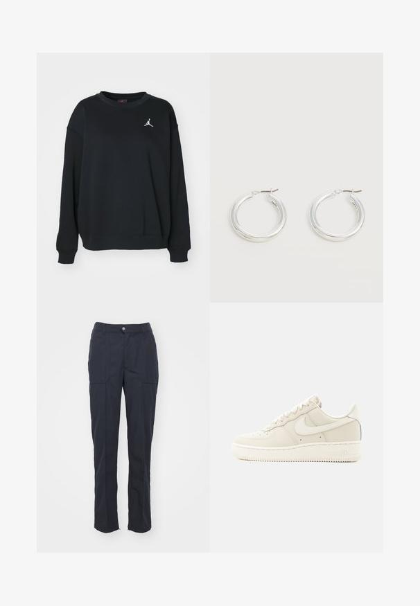 Sweatshirt noir en coton, avec un col rond, des manches longues, des poignets et un bas en côtes, arborant un logo Jumpman blanc sur la poitrine.; Pantalons bleu marine foncé avec une coupe droite, comportant deux poches avant, une fermeture à bouton et une texture de tissu lisse.; Baskets Nike Air Force 1 beige à tige basse avec fermeture à lacets et semelle en caoutchouc, vues de côté extérieur sur un fond blanc.; Paire de boucles d'oreilles créoles moyennes argentées brillantes avec de fines attaches métalliques sur un fond clair et neutre.
