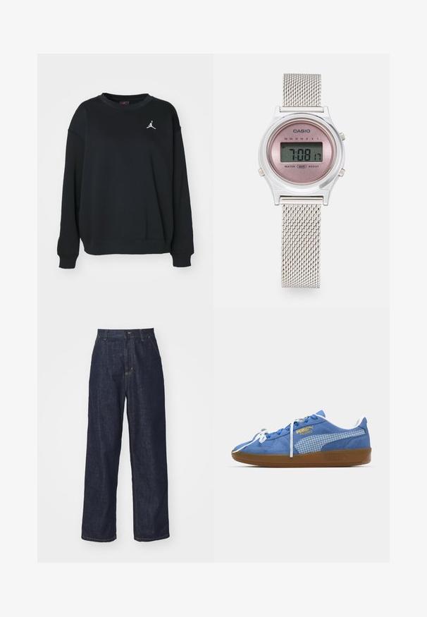 Mustroheline puuvillane dressipluus, millel on ümar kaelus, pikad varrukad, ribaga mansetid ja põhi, ning rinnal valge Jumpman logo.; Tumedat sinised sirged teksapüksid vööloopidega, esine nööp ja küljetaskud valgel taustal.; Sinine sametist toss, millel on valged paelad ja ruuduline külgpaneel. Omab pruuni kummist tallat ja kuldset logodekoratsiooni.; Digitaalne kell hõbedase võrgu rihmaga ja ümmarguse selge kellakorpusega. Roosa kellanäidik näitab aega ja veekindluse detaile. Lihtne, kaasaegne disain.