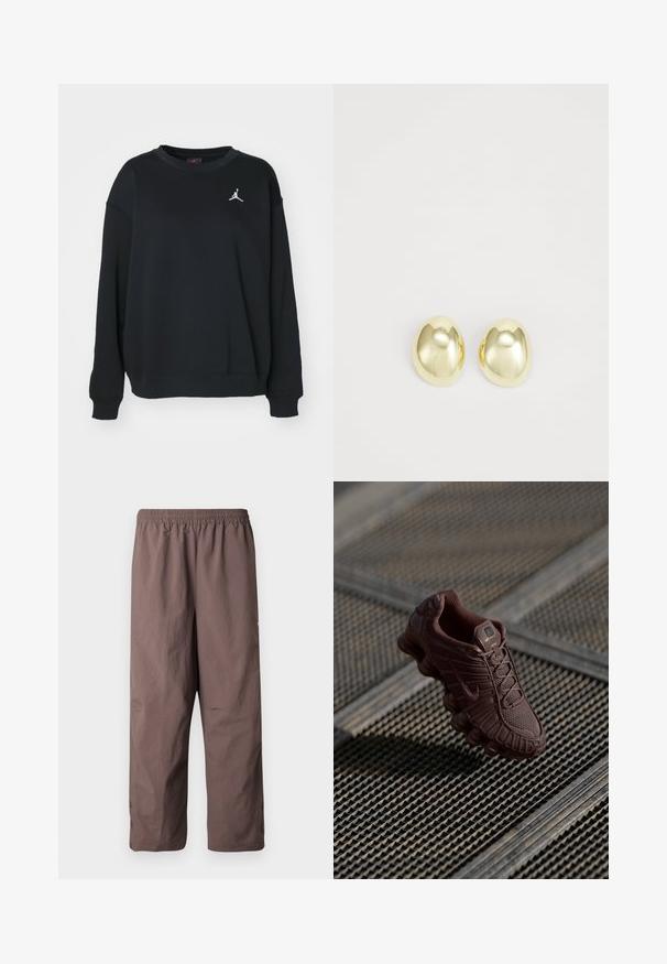 Mustroheline puuvillane dressipluus, millel on ümar kaelus, pikad varrukad, ribaga mansetid ja põhi, ning rinnal valge Jumpman logo.; Pruunid, kerged püksid elastse vöökohaga, lühemate säärtega ja nööpidega mansettidega. Sile pind ja minimalistlik disain.; Pruun Nike'i tennis, millel on tekstureeritud võrgusilmast ülemine osa, iseloomulik kumer talla ja pehmendatud krae, esitatud mustrilisel taustal.; Kuldtoonilised metallist nööp kõrvarõngad, millel on sile, ümar kuju ja poleeritud viimistlus. Lihtne disain ilma lisakaunistusteta.