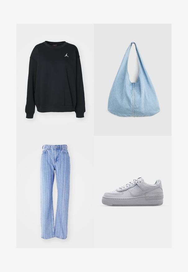Mustroheline puuvillane dressipluus, millel on ümar kaelus, pikad varrukad, ribaga mansetid ja põhi, ning rinnal valge Jumpman logo.; Heledad sinine teksapüksid, millel on vertikaalsed valged triibud, kõrge talje, lõtv istuvus, viis taskut ja nööpidega sulgemine.; Hallitus hallid Nike Air Force 1 sneakerid, millel on augustatud varvas, siledast nahast ülemine osa, paks tall ning reljeefne 'AIR' detail kontsapadjal.; Hele sinine teksast õlakott laia rihmaga ja nähtava keskmise õmblusega, mille taustaks on ühtlane helehall taust.