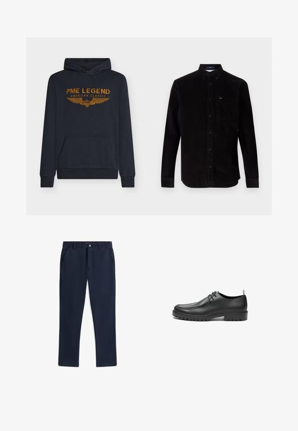 Marineblauwe hoodie van zachte stof met oranje geborduurde tekst "PME LEGEND AMERICAN CLASSIC" met vleugelontwerp en een voorkantzak.; Zwarte corduroy overhemd met lange mouwen, button-down kraag en een voorzak. Heeft een subtiele textuur en een klein logo op de zak.; Donkerblauwe broek met rechte pijpen, riemlussen, zijzakken en een vooraan sluiting met knoop en rits.; Zwarte lederen schoenen met een gladde afwerking, ronde neus en decoratieve stiksels. Beschikt over een rubberen zool met tractiegrepen en een vetersluiting.