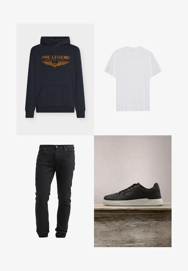 Sweat à capuche bleu marine en tissu doux avec un texte brodé orange "PME LEGEND AMERICAN CLASSIC" accompagné d'un motif d'ailes et une poche avant.; T-shirt en coton blanc à manches courtes, col rond et texture lisse. Présente un branding minimal au niveau du col.; Jeans noirs ajustés avec fermeture à bouton et à glissière, cinq poches et poignets élastiques aux chevilles.; Baskets noires avec semelle blanche suspendues au-dessus d'un banc en bois, avec un feuillage vert en arrière-plan flou.