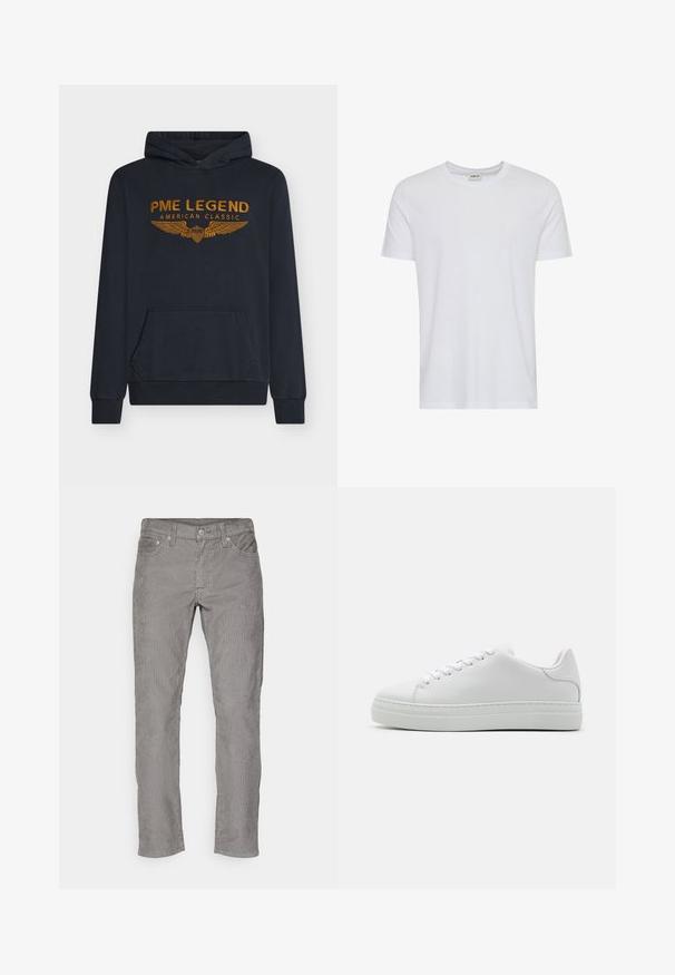 Marineblå hættetrøje lavet af blødt stof med orange broderet tekst "PME LEGEND AMERICAN CLASSIC" med vinge-design og en forlomme.; Plain hvid kortærmet t-shirt med rund hals, vist på en hvid baggrund, med et lille nakke-label, der viser mærket “Solid”.; Levi's® 511® SLIM - Jeans Slim Fit - pewter s 14w cord; Hvide lædersneakers med en chunky platformsål, rund tå og seks snørehuller. Glat tekstur med subtile syninger.