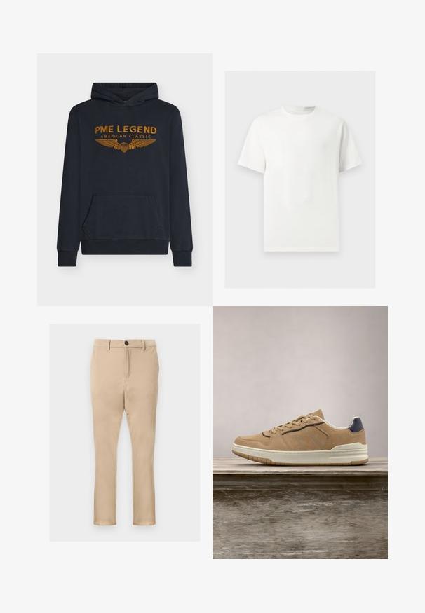 Sudadera con capucha azul marino hecha de tela suave, con texto bordado en naranja "PME LEGEND AMERICAN CLASSIC" acompañado de un diseño de alas y un bolsillo frontal.; Camiseta blanca lisa de manga corta y cuello redondo mostrada sobre un fondo gris claro.; Pantalones chinos beige hechos de tela suave, con corte de pierna recta, bolsillos delanteros y un único botón negro en la cintura.; Deportiva de ante beige con suela de goma blanca, que presenta cordones beige, acentos en azul marino y detalles perforados en la puntera.