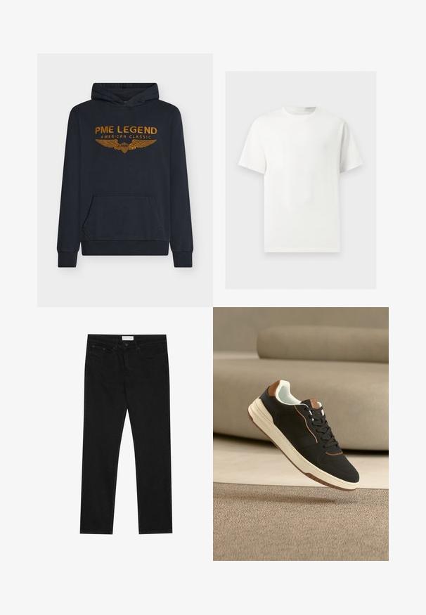 Marineblauwe hoodie van zachte stof met oranje geborduurde tekst "PME LEGEND AMERICAN CLASSIC" met vleugelontwerp en een voorkantzak.; Effen wit T-shirt met korte mouwen en ronde hals, weergegeven op een lichtgrijze achtergrond.; Zwarte straight-leg jeans met een vijf-pocket ontwerp, knoop- en ritssluiting, en een Pier One merklabel op de tailleband.; Zwartbruine lage sneaker met witte zool en veters, zwevend boven een beige tapijt in een ruimte met neutrale tinten.