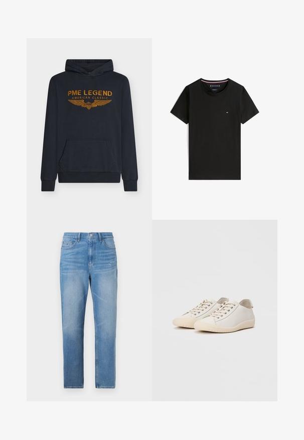 Marineblå hættetrøje lavet af blødt stof med orange broderet tekst "PME LEGEND AMERICAN CLASSIC" med vinge-design og en forlomme.; Sort bomuld T-shirt med rund halsudskæring. Har en lille logo i rød, hvid og blå på venstre bryst. Korte ærmer, afslappet pasform.; Lysblå denim jeans med lige pasform, falmet vask og lynlås. Har fem lommer og et mærke på bageste talje.; Hvide sneakers lavet af glat læder med tonede stikninger, snørebåndslukning, rund tå og en tekstureret gummisål.