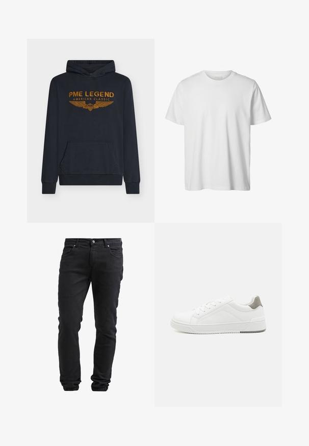 Marineblå hættetrøje lavet af blødt stof med orange broderet tekst "PME LEGEND AMERICAN CLASSIC" med vinge-design og en forlomme.; Enkelt hvid T-shirt med korte ærmer og rund hals, løs pasform og uden synlige logoer eller designs foran.; Sorte slim-fit jeans med knap- og lynlås-lukning, fem lommer og elastiske manchetter ved anklerne.; Hvid sneaker lavet af glat læder, rund tå, minimalistisk design, grå hælafsats og tekstureret gummisål.