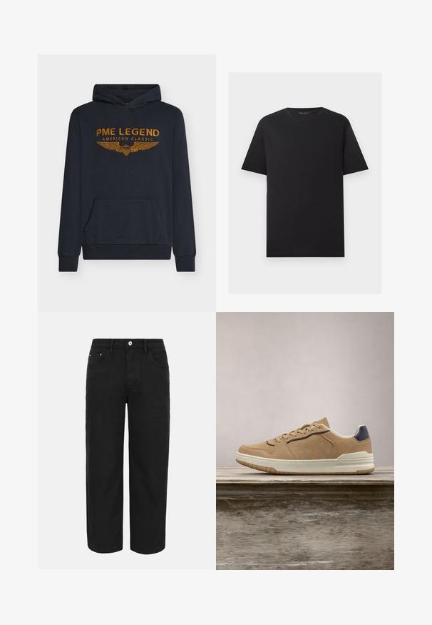 Marineblauwe hoodie van zachte stof met oranje geborduurde tekst "PME LEGEND AMERICAN CLASSIC" met vleugelontwerp en een voorkantzak.; Zwarte T-shirt met korte mouwen en ronde hals met een effen ontwerp, plat weergegeven op een lichtgrijze achtergrond.; Zwarte rechte broek met knoop- en ritssluiting aan de voorkant, riemlussen en drie voorzakken op een effen lichte achtergrond.; Beige suède sneaker met een witte rubberen zool, voorzien van beige veters, marineblauwe accenten en geperforeerde details op de toe box.