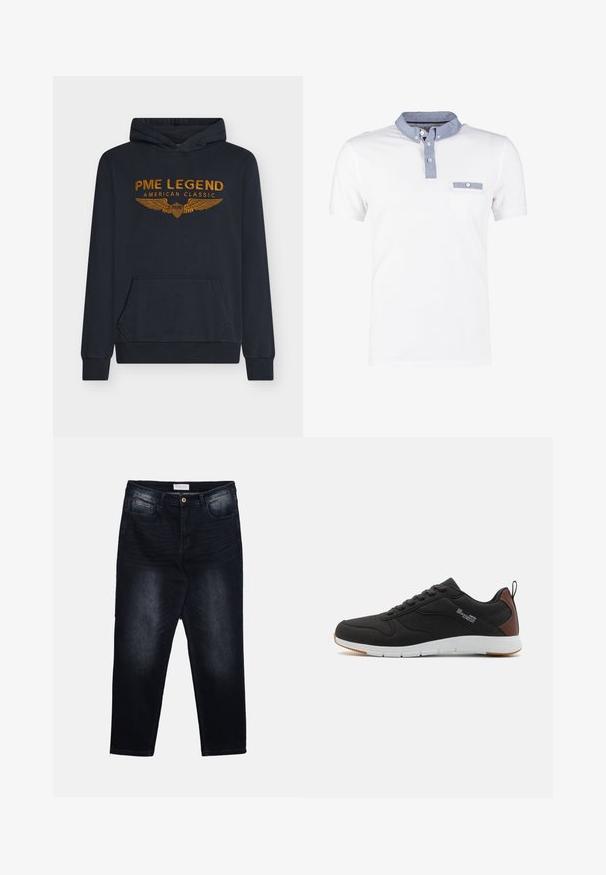 Marineblå hættetrøje lavet af blødt stof med orange broderet tekst "PME LEGEND AMERICAN CLASSIC" med vinge-design og en forlomme.; Hvid polo-shirt med en denimkrave, med en knappet stolpe og en brystlomme. Korte ærmer med en glat, blød tekstur.; Mørkeblå straight-leg jeans med knap og lynlås foran samt fem-lomme design, lagt fladt på en hvid baggrund.; Sorte sportsko med en glat syntetisk overdel, perforerede detaljer, brun læderaccent ved hælen og en hvid gummisål.