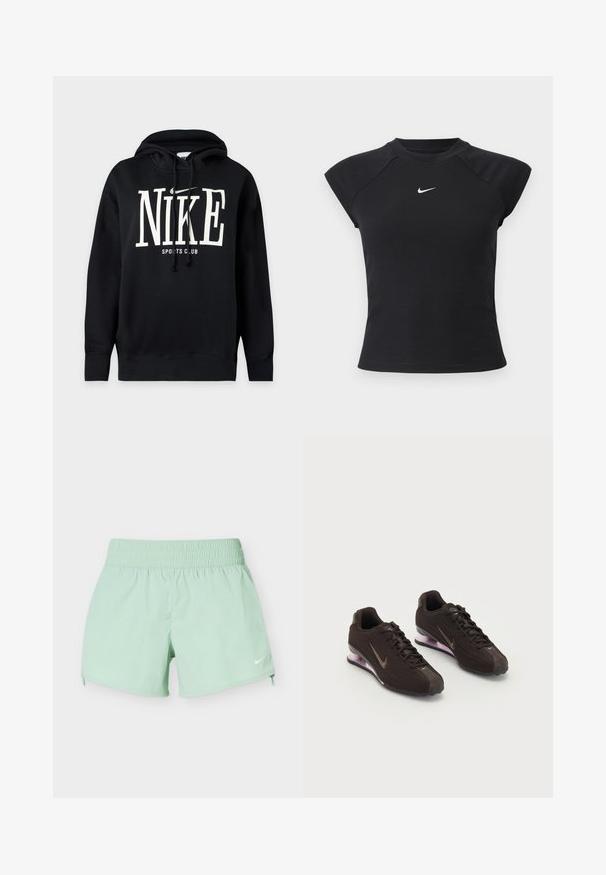 Μαύρο φούτερ με κουκούλα, με λευκό κείμενο "NIKE" και λογότυπο Swoosh πάνω από "SPORTS CLUB" στο μπροστινό μέρος, διαθέτει κουκούλα με κορδόνια και ριμπ μανσέτες και τελείωμα.; Μαύρο κοντομάνικο τοπ με ριμπ υφή, με στρογγυλή λαιμόκοψη και μικρό λευκό λογότυπο Nike στο στήθος.; Ανοιχτοπράσινα αθλητικά σορτς με ελαστική μέση και μικρό λευκό σήμα Nike στο κάτω δεξί πόδι σε λευκό φόντο.; Μαύρα αθλητικά παπούτσια με υφή στο πάνω μέρος, καφέ λεπτομέρειες και μωβ σόλα με αερόστρωση. Σχέδιο με κορδόνια και έντονη σήμανση.