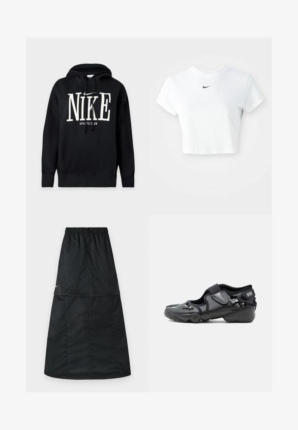 Black hoodie with white "NIKE" text and swoosh logo above "SPORTS CLUB" on the front, featuring a drawstring hood and ribbed cuffs and hem.; White cropped t-shirt made of cotton, featuring short sleeves and a round neckline, with a black Nike logo on the chest.; Black athletic skirt made of lightweight, smooth nylon fabric. Features an elastic waistband and a simple, long, A-line design.; Black Nike Air shoe with Velcro strap, decorated with small black floral embellishments on side and front.