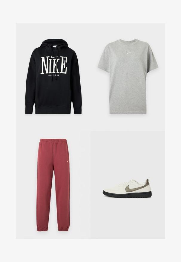 Μαύρο φούτερ με κουκούλα, με λευκό κείμενο "NIKE" και λογότυπο Swoosh πάνω από "SPORTS CLUB" στο μπροστινό μέρος, διαθέτει κουκούλα με κορδόνια και ριμπ μανσέτες και τελείωμα.; Γκρι βαμβακερό T-shirt με κοντά μανίκια, στρογγυλή λαιμόκοψη και μικρό λευκό λογότυπο Nike swoosh στο κέντρο του στήθους.; Μπορντό ελαστικό παντελόνι τζόγκινγκ με μικρό λευκό λογότυπο Nike στο δεξί μηρό.; Nike Sportswear FIELD GENERAL - Αθλητικά παπούτσια - off-white/black
