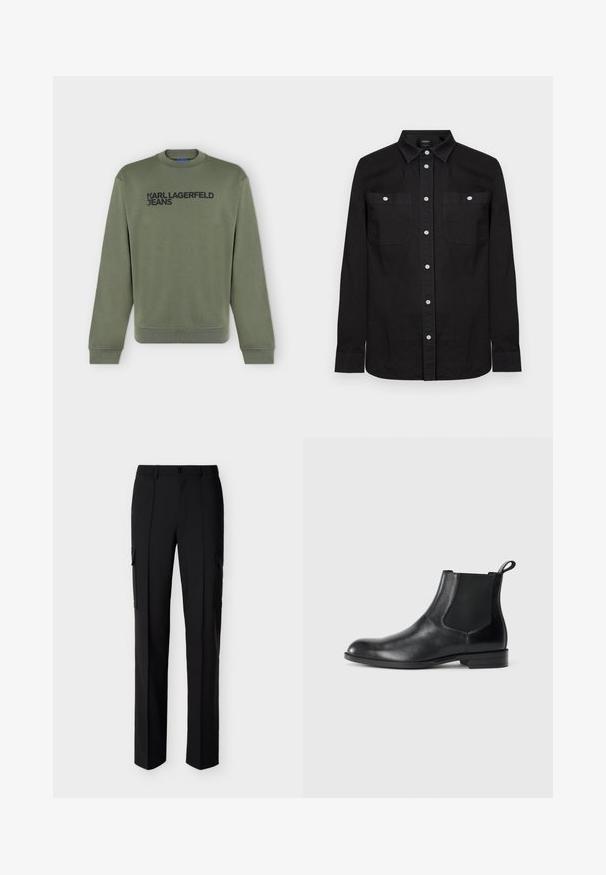 Sweat-shirt manches longues vert olive avec texte noir "KARL LAGERFELD JEANS" sur la poitrine, col rond et poignets et bord-côte à l'ourlet.; Chemise noire à manches longues avec col pointu et deux poches poitrine à l'avant, chacune fermée par un bouton blanc.; Pantalon cargo noir à jambes droites avec fermeture à boutons à l'avant et poches à rabat latérales, présenté sur fond blanc.; Bottine en cuir noir avec des panneaux latéraux élastiques, bout rond et tirette. Texture lisse, semelle plate, design minimaliste.