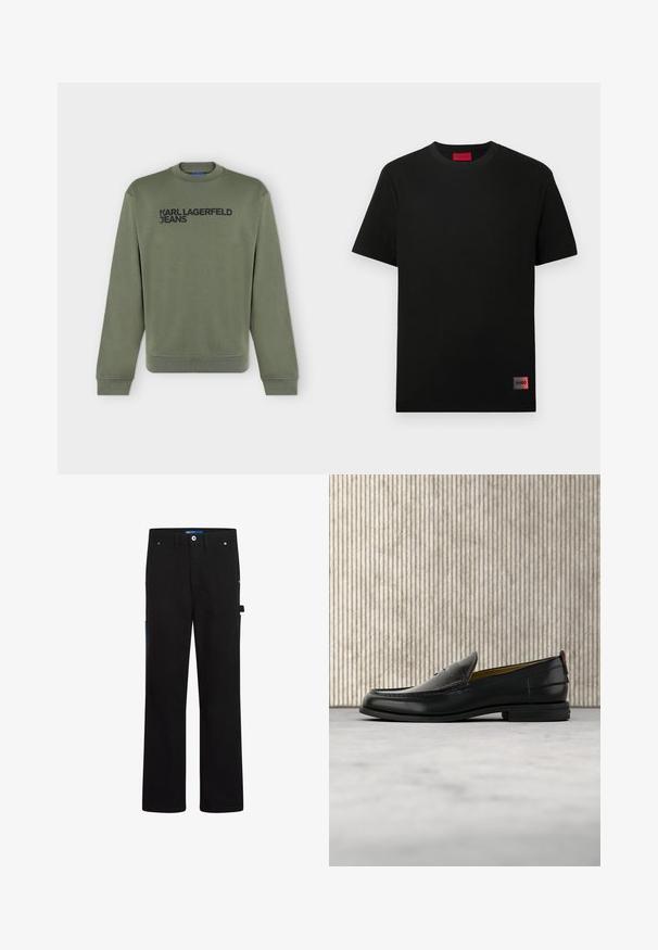Sweat-shirt manches longues vert olive avec texte noir "KARL LAGERFELD JEANS" sur la poitrine, col rond et poignets et bord-côte à l'ourlet.; T-shirt en coton noir avec col rond, manches courtes et un patch logo carré rouge sur le bas à gauche. Design simple et minimaliste.; Pantalons cargo noirs à coupe droite, avec deux poches avant, une poche arrière et des accents bleus sur le côté et la ceinture.; Mocassin pour homme en cuir noir avec un dessus embossé effet croco et un petit talon, présenté de profil sur un fond neutre.