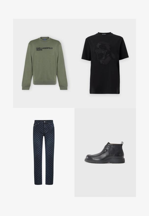 Sweat-shirt manches longues vert olive avec texte noir "KARL LAGERFELD JEANS" sur la poitrine, col rond et poignets et bord-côte à l'ourlet.; T-shirt noir à manches courtes avec un graphisme en relief d'un homme portant des lunettes de soleil et un col montant, centré sur le devant.; Jeans en denim bleu foncé présentant un motif pied de poule, à coupe droite, avec cinq poches et des accessoires en métal. Le tissu a une texture lisse.; Bottes noires en cuir à talon arrondi, avec un design à lacets et une languette à l'arrière. Tige texturée et semelle en caoutchouc.