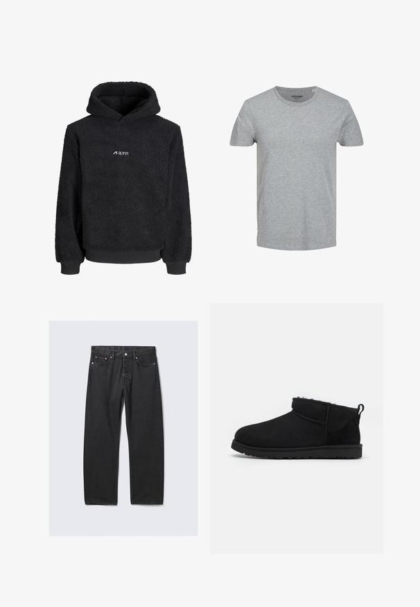 Sweat à capuche en polaire noire avec tissu texturé, manches longues, poignets et ourlet côtelés, et petit logo blanc "aprel" sur la poitrine.; T-shirt gris à manches courtes en coton doux. Doté d'un col ras du cou classique et d'une coupe régulière. Design simple sans motifs ni accents.; Jean noir droit avec cinq poches et une fermeture bouton à la taille, posé à plat sur un fond clair.; Bottines noires en daim avec une doublure douce et texturée, une semelle en caoutchouc basse et une languette à l'arrière pour un enfilage facile.