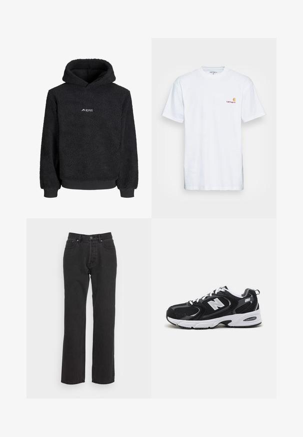 Sweat à capuche en polaire noire avec tissu texturé, manches longues, poignets et ourlet côtelés, et petit logo blanc "aprel" sur la poitrine.; T-shirt en coton blanc à manches courtes. Doté d'un petit logo orange et bordeaux sur la poitrine gauche. Présente un col rond classique.; Jean en denim noir avec une coupe droite, dotés d'une fermeture à bouton à l'avant, de passants de ceinture et de deux poches latérales. Tissu texturé.; Baskets de sport noires et grises avec un tige en mesh et en suède, présentant une semelle intermédiaire blanche, des lacets et un logo "N" audacieux sur le côté.