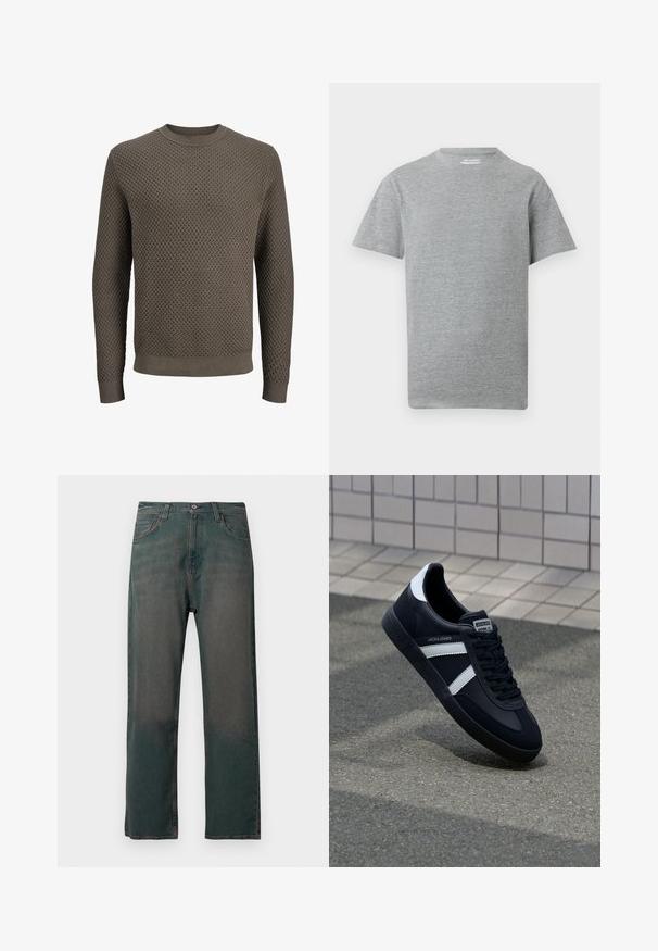 Herrestrikket langærmet sweater i olivengrøn med tekstureret diamantmønster, ribstrikket rund halsudskæring, manchetter og kant.; Simpel grå kortærmet t-shirt med rund hals og et lille hvidt "ONLY & SONS" mærke indeni kraven.; Mørkegrønne denimjeans med lige ben, der har et klassisk design med fem lommer og kontrastsyninger langs sømmene.; Sort lædersneaker med hvide striber, tekstureret gummisål og snørrebånd foran. Har et brandet mærke på tungen.