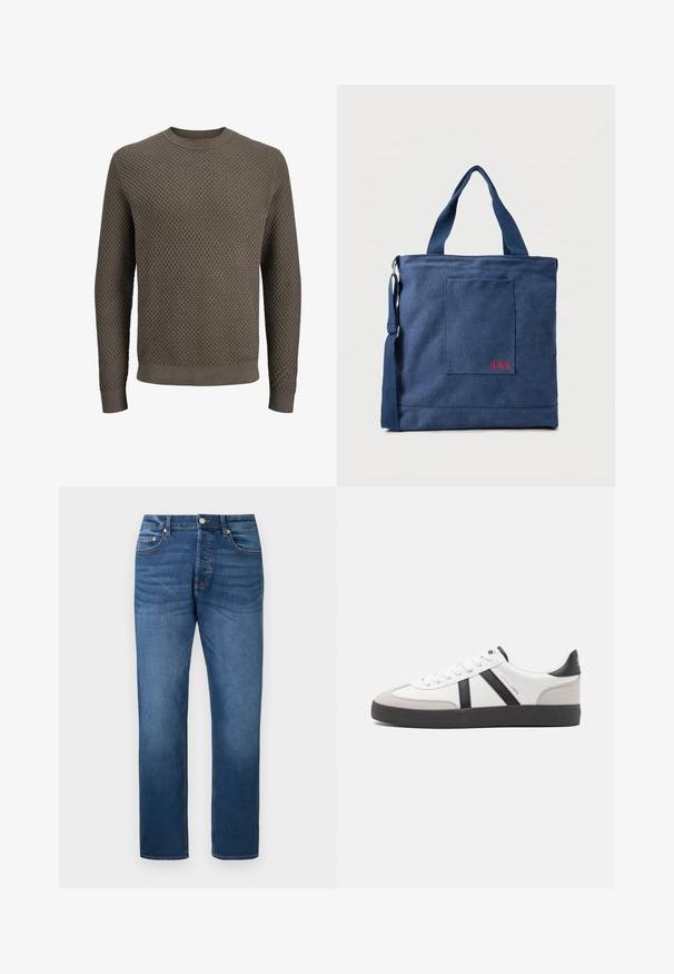 Herrestrikket langærmet sweater i olivengrøn med tekstureret diamantmønster, ribstrikket rund halsudskæring, manchetter og kant.; Blå jeans med lige ben, foran med knap og lynlås, fem-lommer-stil og diskret falmning på lår og knæ, vist fladt på en hvid baggrund.; Hvide sneakers med sorte og grå detaljer, med en tekstureret grå tåhætte, sort gummisål og flade hvide snørebånd. Rent design, minimalistisk stil.; Blå lærredstote taske med frontlomme og rød "O.N.S" broderi, med to håndtag og en justerbar skulderrem.