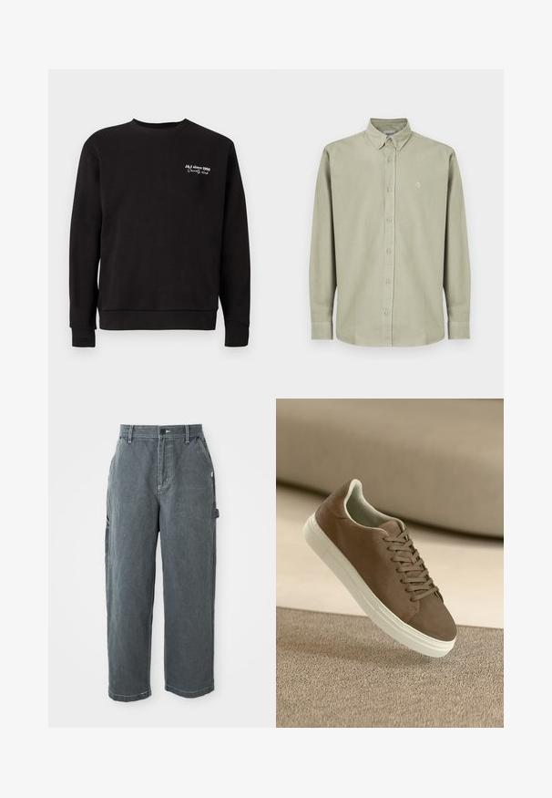 Sort sweatshirt med rund hals, ribbede manchetter og kant. Har hvid broderet tekst, der læser "J&J siden 1990 Society Club."; Lysgrøn langærmet skjorte med knapper og standard krave, fremhævet af et brystlogo, knapmanchetter og et glat bomuldsstof.; Mørkegrå lige ben arbejdsbukser med bæltestropper, frontknap og lynlås, sidelommer og en hammerløkke på højre ben.; Brune ruskinds sneakers med en glat tekstur, snørebåndsdesign og hvid gummisål. Har en rund tå og strømlinet form.