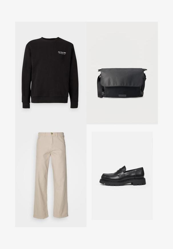 Sort sweatshirt med rund hals, ribbede manchetter og kant. Har hvid broderet tekst, der læser "J&J siden 1990 Society Club."; Beige bomulds bredbenede bukser med fem lommer, knaplukning og bæltestropper; glat tekstur med lige pasform og kant.; Sort læderloafer med tyk rillede sål og penny-remdetalje, vist i højre sideprofil på hvid baggrund.; Sort messenger taske med klaplukning og struktureret forlomme, justerbar skulderrem og minimalistisk design på ensfarvet baggrund.