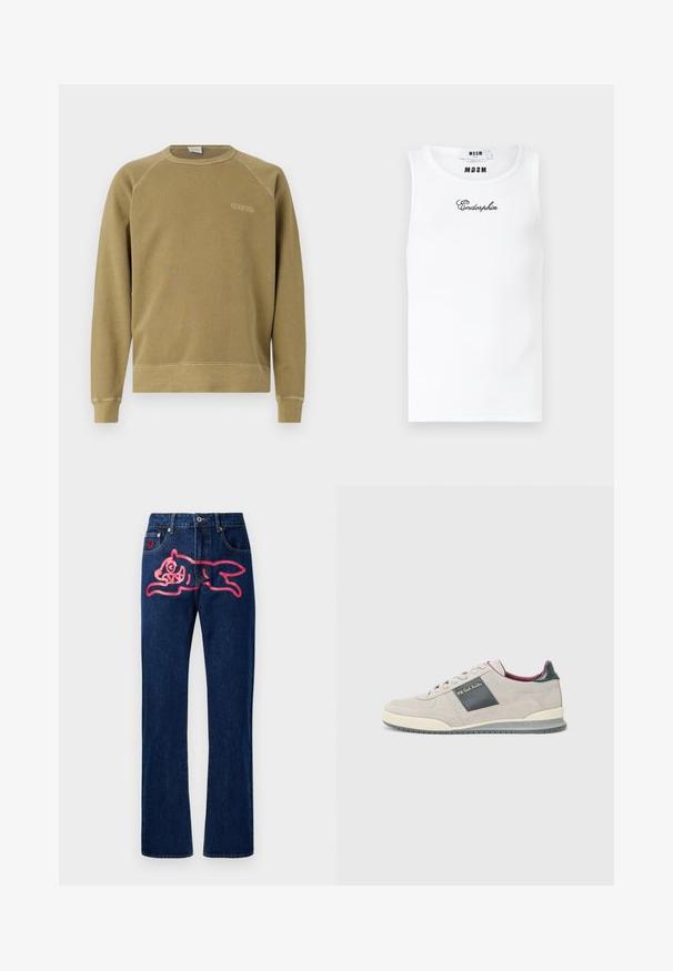 Olivgrüner Sweatshirt mit Raglanärmel, Rundhalsausschnitt und gesticktem "CLOSED"-Logo. Aus weichem Baumwollstoff gefertigt, hat einen gerippten Saum.; Weißes ärmelloses, geripptes Tanktop mit schwarzem, kursiv gesticktem "Endorphin"-Schriftzug auf der Brust und internen MSGM-Markenetiketten am Halsausschnitt.; Jeans aus Denim mit geradem Schnitt. Dunkelblaue Farbe, mit einem großen rosa Katzenmotiv auf der Gesäßtasche. Klassischer Metallknopf und Nieten.; Suede-Sneaker in Hellgrau mit einem dunkelgrauen Akzentpaneel, weißer Sohle und runden Schnürsenkeln. Bequemes Design mit gepolstertem Schaft.