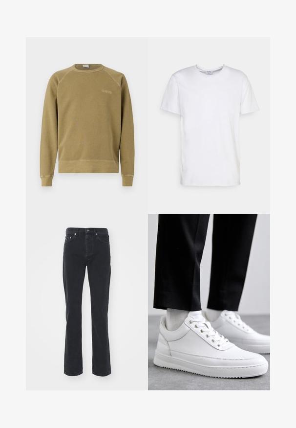 Olivgrüner Sweatshirt mit Raglanärmel, Rundhalsausschnitt und gesticktem "CLOSED"-Logo. Aus weichem Baumwollstoff gefertigt, hat einen gerippten Saum.; Weißes T-Shirt mit kurzen Ärmeln aus Baumwolle. Es hat einen runden Halsausschnitt und eine lockere Passform ohne sichtbare Muster oder Akzente.; Schwarze Jeans aus Denim mit geradem Bein, ausgestattet mit fünf Taschen und einem Knopfverschluss. Der Stoff hat eine subtile Textur und eine robuste Verarbeitung.; Weiße Leder-Sneaker mit flacher Gummisohle, ausgestattet mit einer glatten Oberfläche, runder Zehenpartie und Metallösen für die Schnürsenkel. Getragen mit schwarzen Hosen.