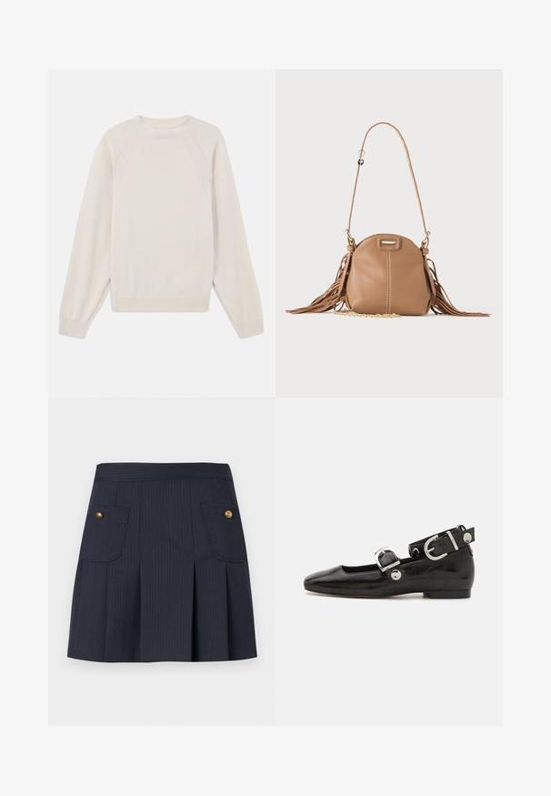 Lyscremefarvet sweater lavet af blød strikstof. Har rund hals, lange ærmer og ribbede manchetter og kant med raglanærmedesign.; Mørkeblå navy nederdel med tynde striber, forplissering foran og to klaplommer på hver side med guldknapper.; Sorte patenteret lædersko med firkantet tå, ankelrem med sølvhardware og flad sål. Glat tekstur med minimalistisk design.; Lille tanfarvet læder skuldertaske med lang rem, guldkæde detalje og frynser på begge sider mod en neutral baggrund.
