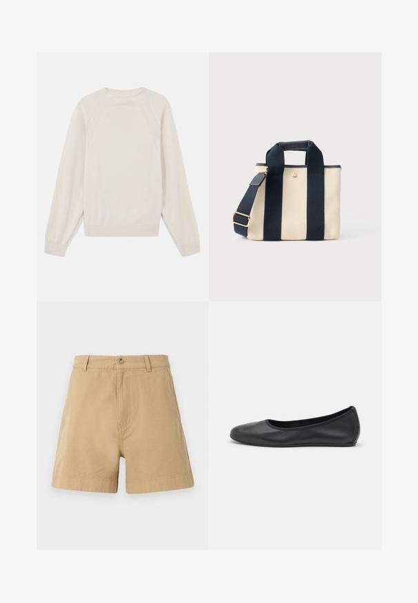 Lyscremefarvet sweater lavet af blød strikstof. Har rund hals, lange ærmer og ribbede manchetter og kant med raglanærmedesign.; Beige shorts lavet af bomuld, med et klassisk design, der har en frontknaplukning og bæltestropper. Glat tekstur med sidelommer.; Sort læderballetsko med rund tå, glat tekstur, minimal syning og et fleksibelt såldesign.; Lille beige lærredstaske med to brede sorte lodrette stropper, kort hank og justerbar skulderrem med guldlås.