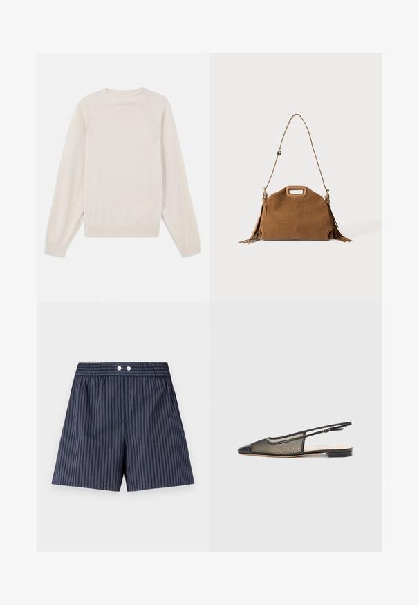 Lyscremefarvet sweater lavet af blød strikstof. Har rund hals, lange ærmer og ribbede manchetter og kant med raglanærmedesign.; Mørkeblå stribede shorts med elastisk talje, der har to hvide knapper foran, lavet af letvægtsstof.; Sort og guld slingback sko med spids tå, mesh-design og flad sål. Har en tynd ankelrem med en cirkulær spændeaccent.; Brun ruskindshåndtaske med topudskåret håndtag, lang justerbar skulderrem og frynser på begge sider.