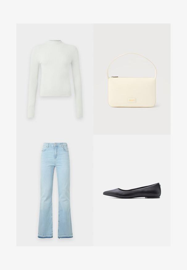 Haut à manches longues côtelé vert clair avec un col roulé et un petit logo brodé sur la poitrine. Coupe décontractée et tissu texturé.; Jean flare bleu clair en denim, avec une taille haute, des poches avant et un ourlet brut au niveau des poignets pour un look décontracté.; Chaussure plate en cuir noire à bout pointu avec petit talon, vue de profil sur fond blanc.; Sac à main rectangulaire de couleur crème avec une seule sangle et une fermeture éclair sur le dessus, comportant une petite plaque de logo embossé à l'avant.