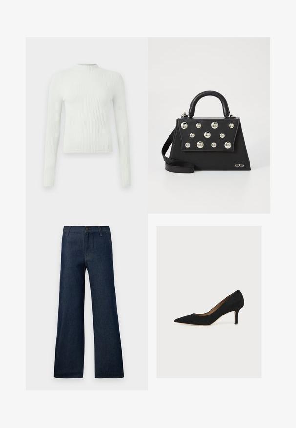 Lys grøn, ribbet bluse med lange ærmer, høj hals og et lille broderet logo på brystet. Casual pasform og tekstureret stof.; Mørkeblå bukser med brede ben lavet af denim, med et klassisk fem-lommen design, knaplukning og subtile syninger.; Sort ruskindspumpe med spids snude, mellemhøj stiletthæl og tan indersål på en lys baggrund.; Sort håndtaske med en struktureret form, der har et håndtag på toppen, skulderrem og dekorative metalnitter på forsiden.