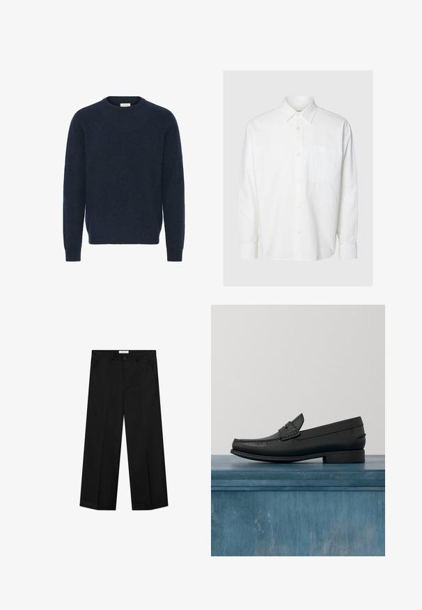 Sudadera de punto azul marino con cuello redondo, mangas largas y puños de canalé; hecha de un material suave y texturizado. No hay patrones ni acentos visibles.; Camisa blanca de manga larga con botones, cuello y un solo bolsillo en el pecho, mostrada sobre un fondo neutro, sin marca visible.; Pantalones negros de pierna ancha hechos de un material liso, con bolsillos delanteros, cierre de botón y una plancha a lo largo de cada pierna.; Mocasines de cuero negro con punta redonda, costuras detalladas y un tacón cuadrado bajo. Textura suave y diseño minimalista.