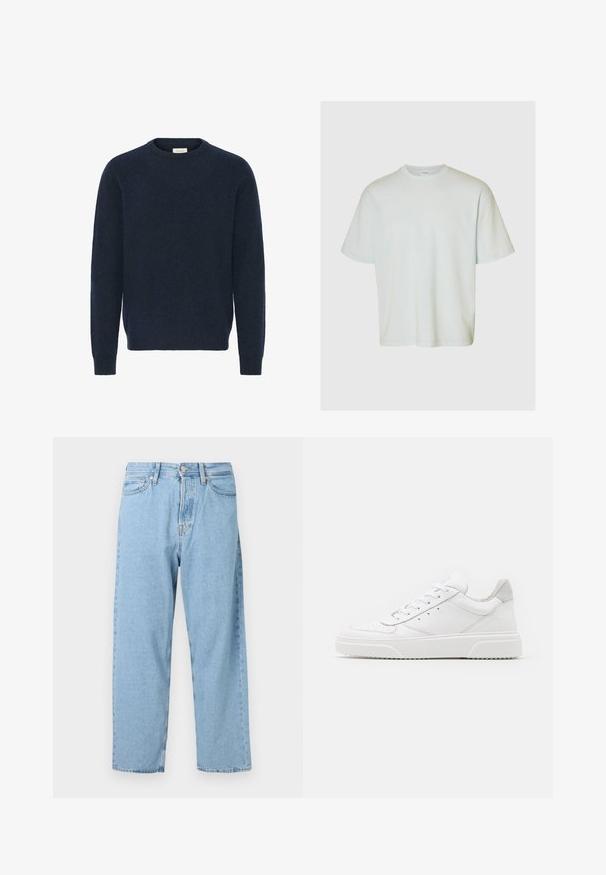 Sudadera de punto azul marino con cuello redondo, mangas largas y puños de canalé; hecha de un material suave y texturizado. No hay patrones ni acentos visibles.; Selected SLMLOOSEOSCAR - Camiseta básica - ice melt; Vaqueros de cintura alta de corte recto en azul claro, con cinco bolsillos y cierre frontal con botón y cremallera.; Zapatillas de cuero blanca con un acabado suave, punta redondeada, cordones planos y una suela texturada. Acento de ante gris en el talón.