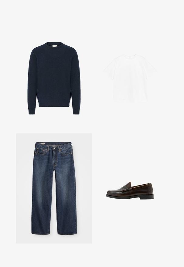 Sudadera de punto azul marino con cuello redondo, mangas largas y puños de canalé; hecha de un material suave y texturizado. No hay patrones ni acentos visibles.; Camiseta de cuello redondo de manga corta en algodón blanco liso. Corte estándar con un diseño sencillo y sin patrones ni acentos visibles.; Jeans de mezclilla azul oscuro con corte recto, diseño de cinco bolsillos, cierre de botón metálico y cremallera, y patrones sutiles de desgaste.; Mocasín penny de cuero marrón oscuro con puntera mocasín cosida, tacón bajo y acabado liso, mostrado en perfil lateral sobre fondo blanco.