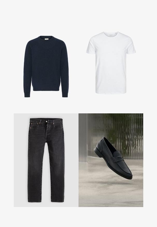 Marineblauwe gebreide trui met een ronde hals, lange mouwen en geribde manchetten; gemaakt van zacht, gestructureerd materiaal. Geen patronen of accenten zichtbaar.; Ronde hals kortemouwen t-shirt in effen wit, gemaakt van zachte katoen, heeft een eenvoudig ontwerp zonder zichtbare patronen of accenten.; Zwarte denim jeans met een rechte pasvorm, voorzien van twee voorzakken, een muntenzakje en metalen klinknagels. Klassiek ontwerp met vijf zakken.; Zwarte leren loafer met een gladde afwerking, puntige neus en gestikte details over de wreef. Lage hak en minimalistisch ontwerp.