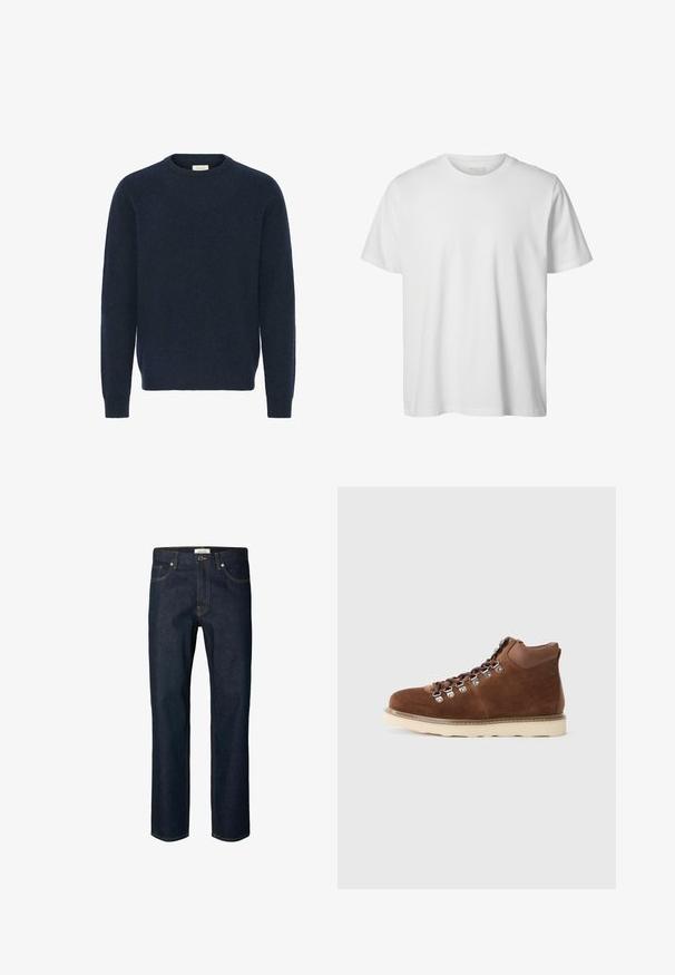 Sudadera de punto azul marino con cuello redondo, mangas largas y puños de canalé; hecha de un material suave y texturizado. No hay patrones ni acentos visibles.; Camiseta blanca lisa de manga corta con cuello redondo, corte holgado y sin logos o diseños visibles en el frente.; Vaqueros denim azul oscuro de pierna recta, con botón y cremallera delanteros, trabillas para cinturón y dos bolsillos delanteros.; Botas de senderismo de ante marrón con diseño de caña alta, ojales de metal y suela de goma de color claro. Presentan costuras en contraste y un cuello acolchado.