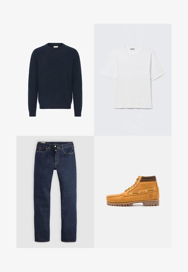 Sudadera de punto azul marino con cuello redondo, mangas largas y puños de canalé; hecha de un material suave y texturizado. No hay patrones ni acentos visibles.; Camiseta blanca lisa de manga corta con cuello redondo y una pequeña etiqueta "WEEKDAY" en el interior del cuello trasero, mostrada sobre una superficie plana.; Vaqueros azul oscuro de pierna recta con bragueta de botones, bolsillos delanteros y traseros, y costuras de contraste, dispuestos planos sobre un fondo claro.; Timberland AUTHENTIC MID LACE BOOT - Botines con cordones - wheat