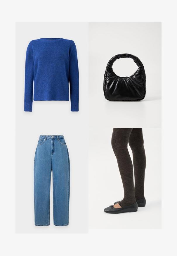 Blå strikket sweater med rund hals, lange ærmer og en blød tekstur. Har en let løs pasform og ribbede manchetter ved ærmerne.; Lyseblå denimbukser med lige ben, høj talje og lukning med frontknap. Har fem lommer og minimale syninger.; Ben iført mørke ribbede leggings kombineret med sorte balletsko med små sløjfedetaljer på hvid baggrund.; Sort polstret håndtaske med et rundt håndtag, der har en glat, skinnende overflade og en blød, kviltet tekstur. Ingen synlige hardware eller accenter.