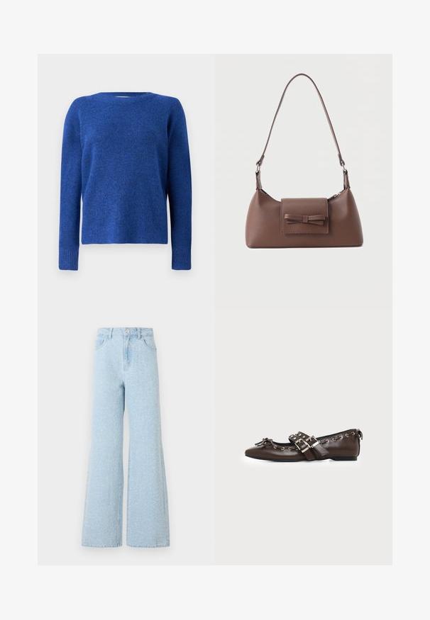 Blå strikket sweater med rund hals, lange ærmer og en blød tekstur. Har en let løs pasform og ribbede manchetter ved ærmerne.; Lys blå denim vide ben jeans med høj talje, der har en knaplukning, fem lommer og en subtil falmet tekstur.; Mørkebrune lædersko med flad sål og spids snude, dobbelt sølvsnørrebånd, metaløjer og dekorativ sløjfe foran.; Brun skuldertaske i læder med en frontlomme med klap, der har en sydd sløjfedetalje, og en justerbar rem.