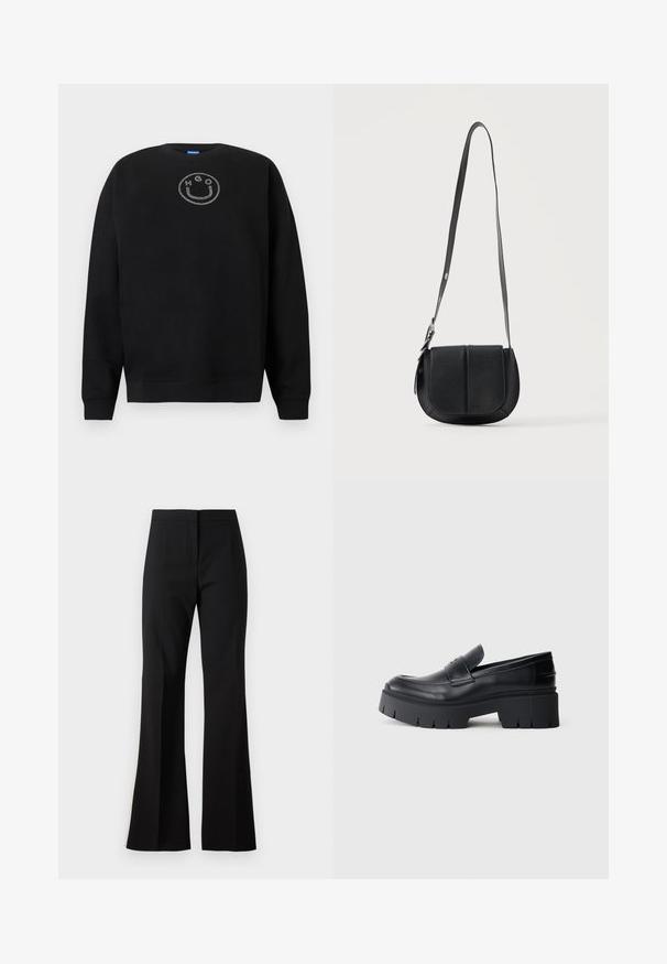 Sweat-shirt noir en mélange de coton, avec un col rond, des manches longues et un logo smiley en strass sur la poitrine.; Pantalon noir évasé en tissu lisse, avec une taille haute, des plis sur le devant et une finition nette aux ourlets.; Mocassin plateforme noir épais avec tige en cuir lisse, sangle décorative et semelle texturée épaisse sur fond blanc.; Sac bandoulière en cuir noir texturé avec fond arrondi, rabat avant et bandoulière réglable avec boucle métallique.