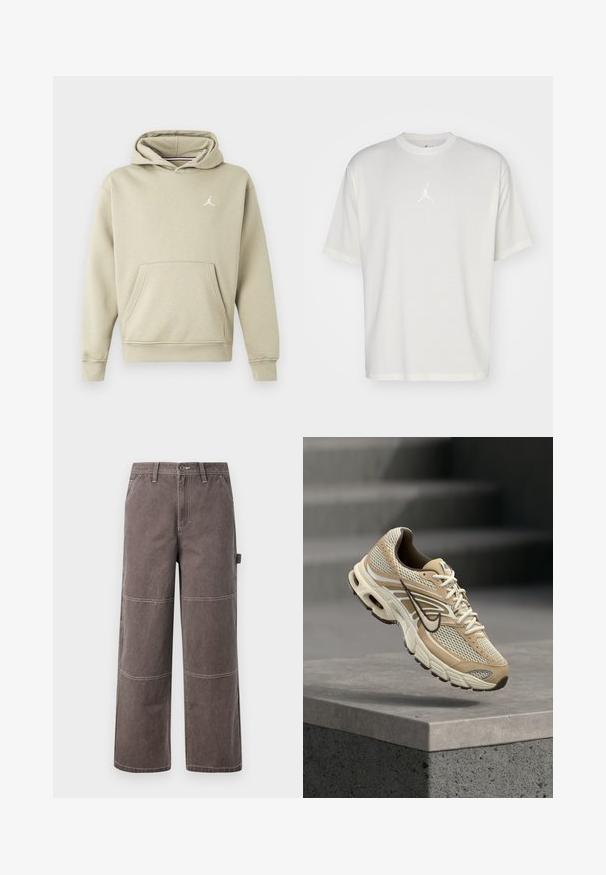 Sweatshirt à capuche en mélange de coton beige clair, présentant une poche avant et un logo Jordan blanc sur la poitrine. Texture douce, coupe standard.; T-shirt en coton blanc avec un col rond, des manches courtes et un petit logo brodé au centre. Design ajusté avec des coutures minimales.; Pantalons larges de couleur marron délavée, fabriqués en tissu durable avec des coutures contrastées. Présente des détails en panneaux et une poche latérale.; Chaussure de running Nike beige et blanche avec panneaux en mesh et swoosh noir, flottant au-dessus d'un rebord en béton avec des escaliers flous en arrière-plan.
