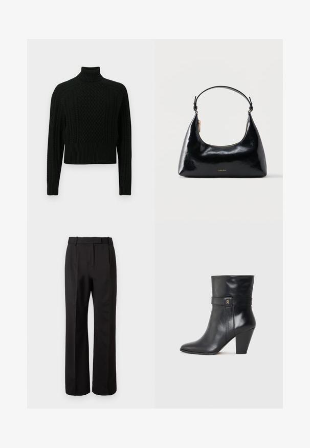 Pull noir à col roulé avec un design en torsades texturé, coupe raccourcie, poignets et ourlet côtelés, fabriqué en matière tricotée douce.; Pantalons noirs taille haute, en tissu lisse, avec un design à jambes droites, des poches latérales et un devant plat avec plis.; Tommy Hilfiger Bottines à talons hauts - black; Sac à main Calvin Klein noir brillant avec fermeture éclair dorée et anse courte sur fond blanc uni.
