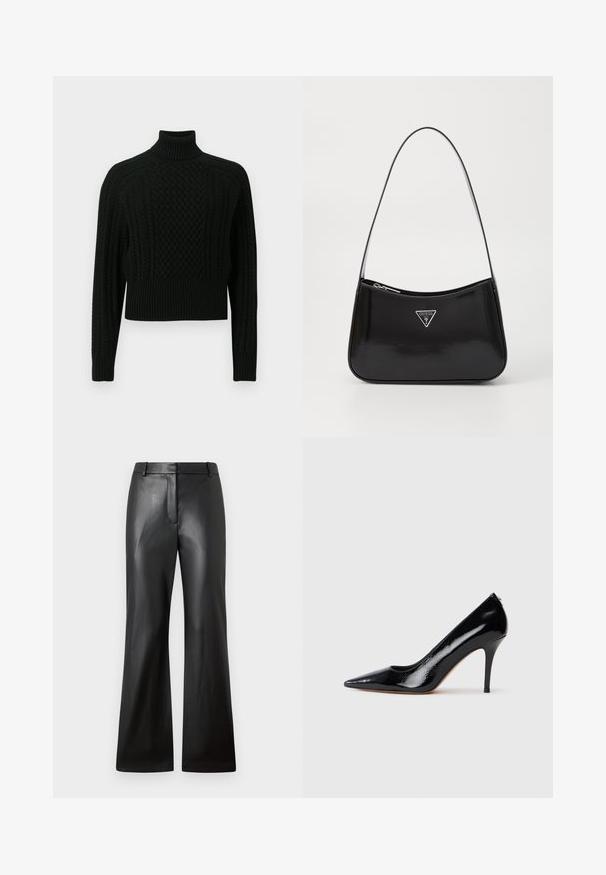 Pull noir à col roulé avec un design en torsades texturé, coupe raccourcie, poignets et ourlet côtelés, fabriqué en matière tricotée douce.; Pantalons en cuir noir avec une texture lisse, design à jambes larges et une taille mi-haute dotée de passants de ceinture et de poches avant.; Escarpin à talon haut en cuir verni noir avec un bout pointu, présentant une texture lisse et un talon aiguille mince. Aucun accessoire visible.; Sac à épaule en cuir verni noir avec une forme incurvée, présentant un logo triangle en argent et une fermeture éclair. Texture lisse et bandoulière fine.