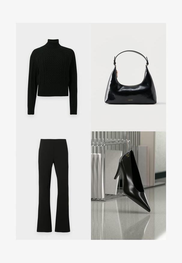 Pull noir à col roulé avec un design en torsades texturé, coupe raccourcie, poignets et ourlet côtelés, fabriqué en matière tricotée douce.; Pantalon noir évasé en tissu stretch, avec une texture lisse et une taille haute. Design simple sans motifs ni accents visibles.; Chaussure noire à talon haut avec bout pointu et logo doré, posée sur une surface réfléchissante près d'un organiseur de dossiers en fil chromé contenant des documents.; Sac à main Calvin Klein noir brillant avec fermeture éclair dorée et anse courte sur fond blanc uni.