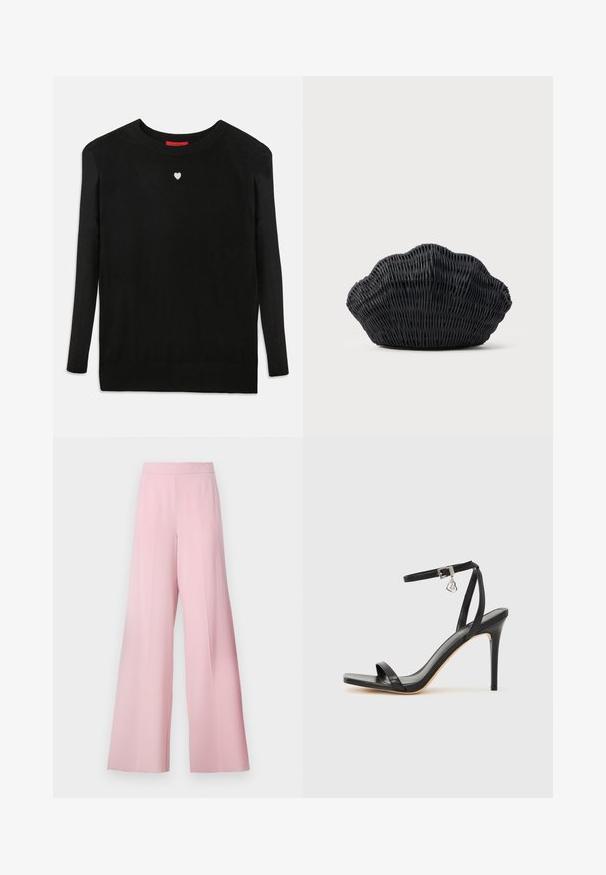 Pull en maille noir à manches longues, col rond, avec un petit cœur blanc sur la poitrine. Texture douce et poignets et ourlet côtelés.; Pantalons larges en tissu rose clair, avec une texture lisse, une taille haute et sans motifs ni accents visibles.; Sandale à talon haut noire avec une bride étroite à la cheville, bout carré, cuir lisse et accent de boucle métallique.; Sac à main en osier noir en forme de coquille Saint-Jacques avec un dessus courbé et une texture tressée sur un fond uni.