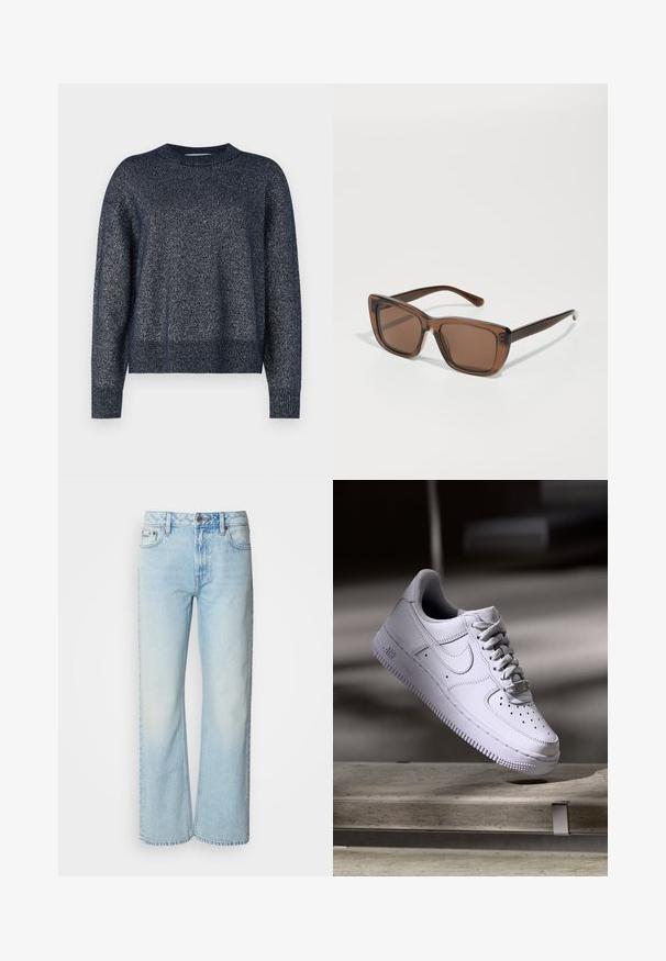 Pull en maille bleu marine avec un col rond, des manches longues et une finition texturée avec des fils métalliques subtils.; Jeans à jambes larges bleu clair en denim, présentant un design classique à cinq poches et une texture légèrement décolorée. La couture en denim est visible.; Baskets Nike Air Force 1 blanches lévitant au-dessus d'une surface en béton avec des ombres dans un cadre minimaliste.; Lunettes de soleil rectangulaires marron avec des verres teintés foncés, une monture transparente marron et des branches légèrement texturées.