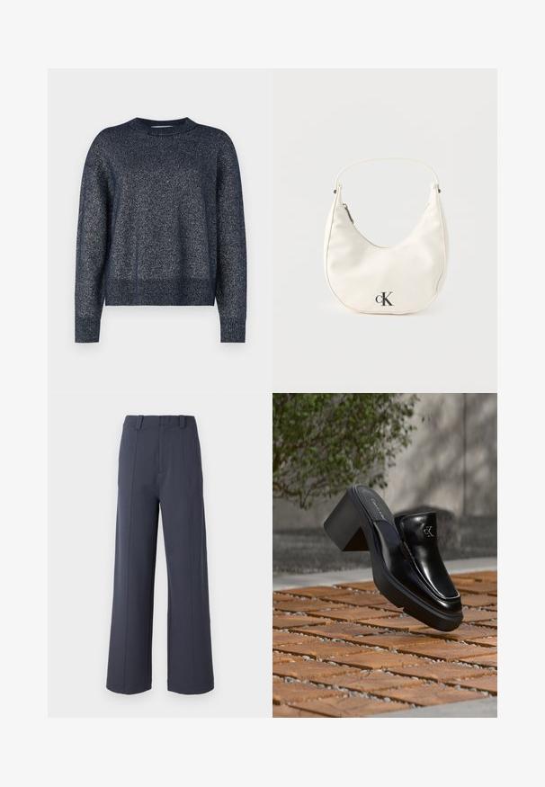 Marineblå strikket sweater med rund halsudskæring, lange ærmer og en tekstureret overflade med subtile metalliske tråde throughout.; Bredde bukser i mørkegrå stof. Funktionen inkluderer en høj talje, frontplisseringer og en glat tekstur med bæltestropper.; Sort læder Calvin Klein slip-on mule med blokhæl, der hviler på trætøj udendørs nær en grøn plante og en grå væg.; Lille hvid halvmåneformet håndtaske med kort rem, lynlås og sort "cK"-logo foran.