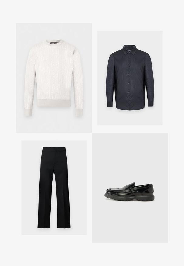 Pull blanc à manches longues avec col rond, motif en relief subtil, poignets et ourlet côtelés, posé à plat sur un fond blanc.; Chemise longue à manches longues de couleur foncée avec un motif géométrique répétitif subtil et un col pointu, présentée sur un fond clair.; Pantalon formel noir à jambes droites, taille haute, au design épuré et minimaliste, présenté sur un fond clair uni.; Mocassin en cuir noir avec une finition brillante, bout arrondi, détails de couture subtils et semelle en caoutchouc épaisse pour la durabilité.